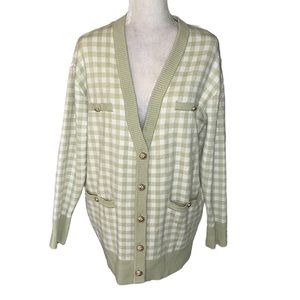 JOIE Green Gingham Checker Plaid Gold Button Front Cardigan - M
